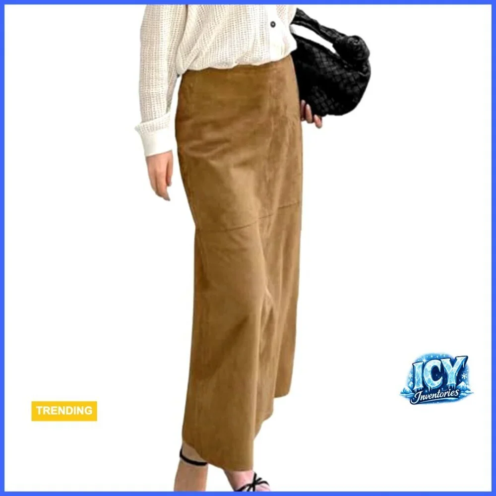 Faux Suede Leather Pencil Maxi Skirt Regular Fit Ankle Length A-Line